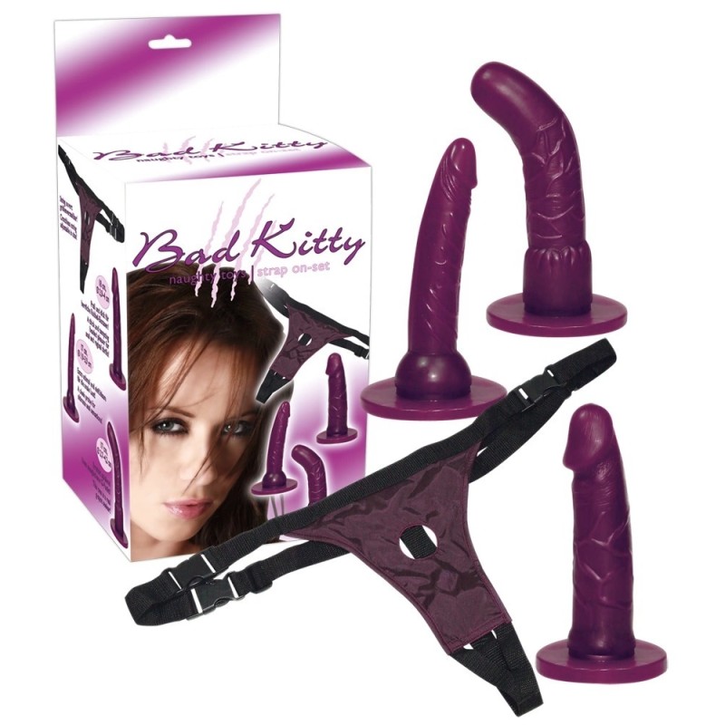 Bad Kitty - Strap-on Z 3 Różnymi Dildo Fioletowe